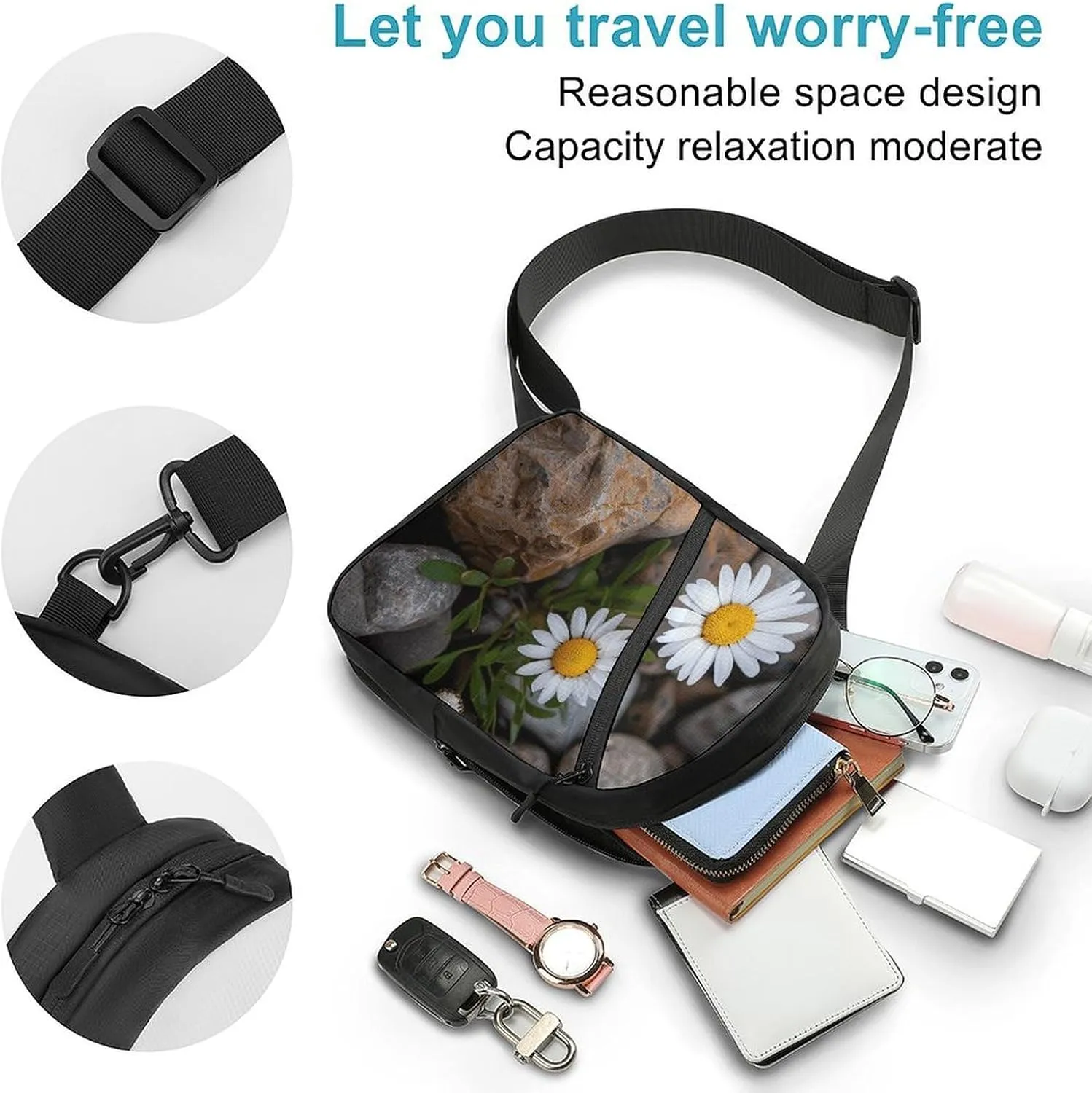 Sling Backpack Crossbody for Man Woman Daisies And Rocks Cross Body Adjustable Chest Bag