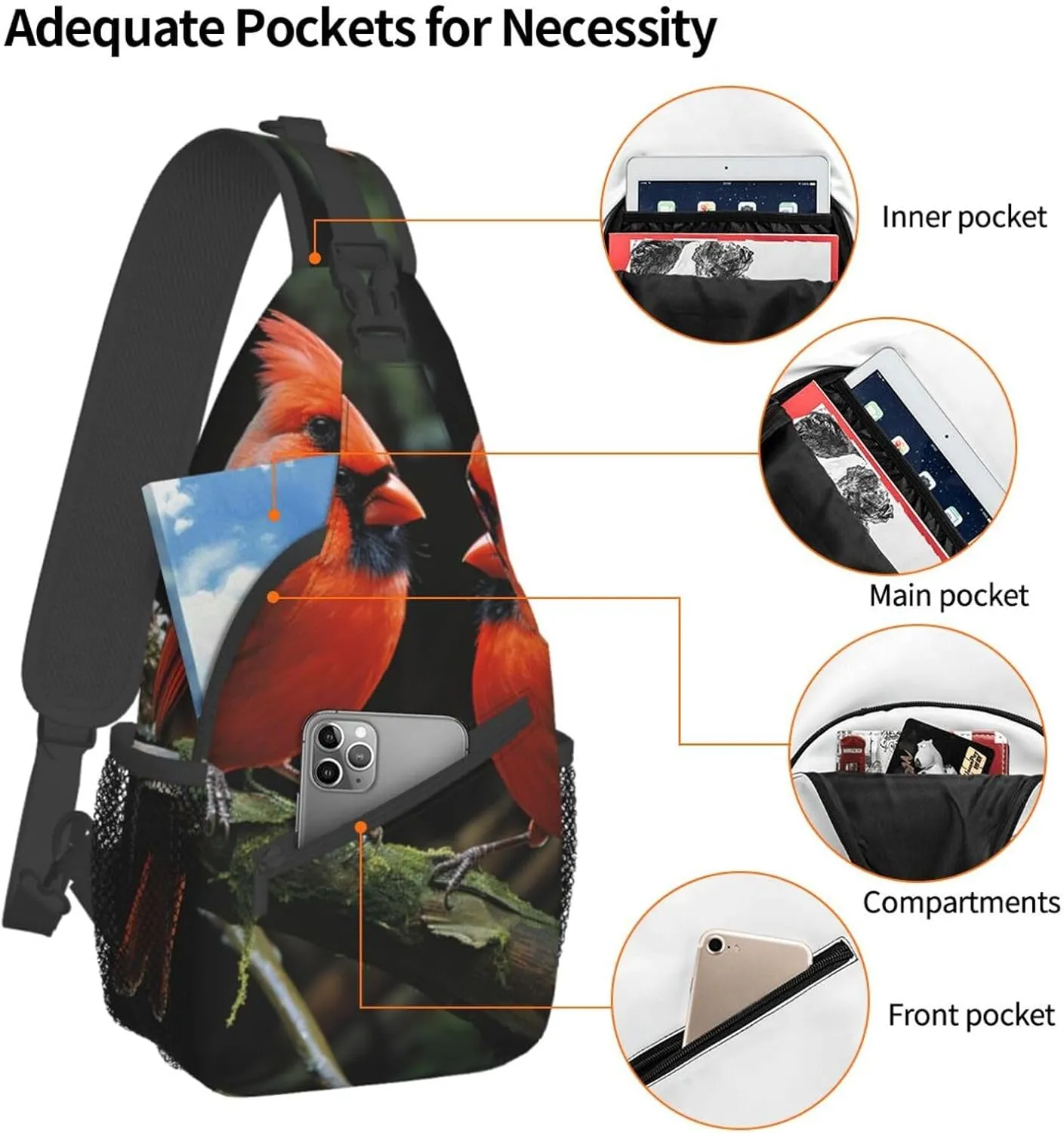 Sling Bag for Women Men Crossbody Bag Small Sling Backpack Cardinals Birds Fauna Wild Chest Bag Hiking Daypack