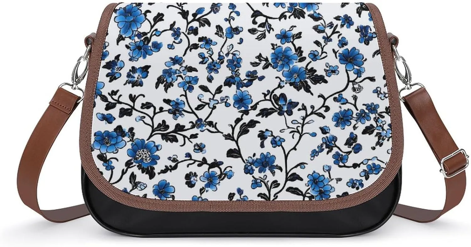 Small Blue Flowers Pattern Crossbody Bags for Women Shoulder Bag Flap Handbags Leather Cross Body Purse