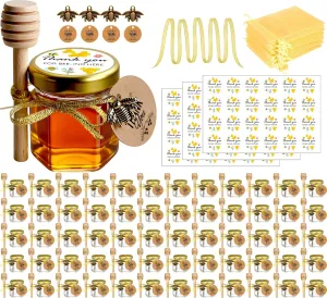 Small Honey Jar, Mini Honey Jars with Dipper, Glass Honey Pot Baby Shower Favors, Party Favors & Wedding Favors, Hexagon Honey Container w/ Lid, Bee Charms, Fabric Ribbons and Bags, 60 Pack 1.5oz