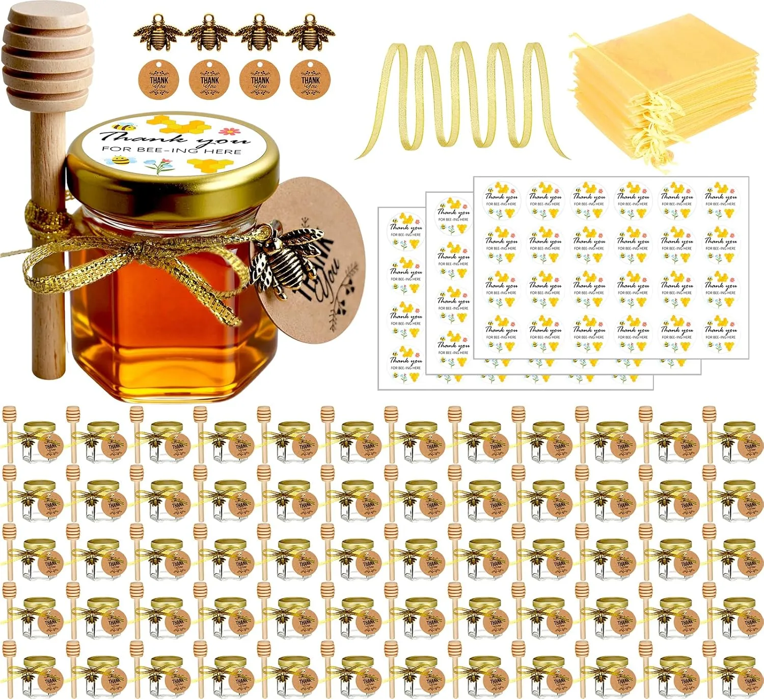 Small Honey Jar, Mini Honey Jars with Dipper, Glass Honey Pot Baby Shower Favors, Party Favors & Wedding Favors, Hexagon Honey Container w/ Lid, Bee Charms, Fabric Ribbons and Bags, 60 Pack 1.5oz