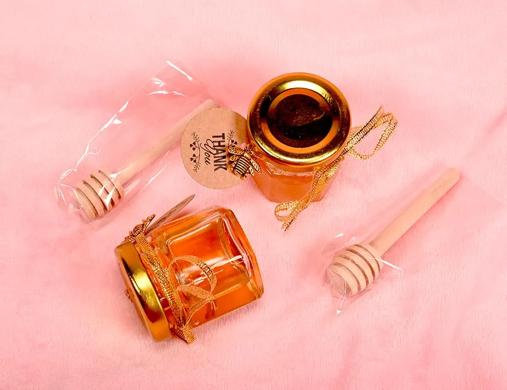 Small Honey Jar, Mini Honey Jars with Dipper, Glass Honey Pot Baby Shower Favors, Party Favors & Wedding Favors, Hexagon Honey Container w/ Lid, Bee Charms, Fabric Ribbons and Bags, 60 Pack 1.5oz