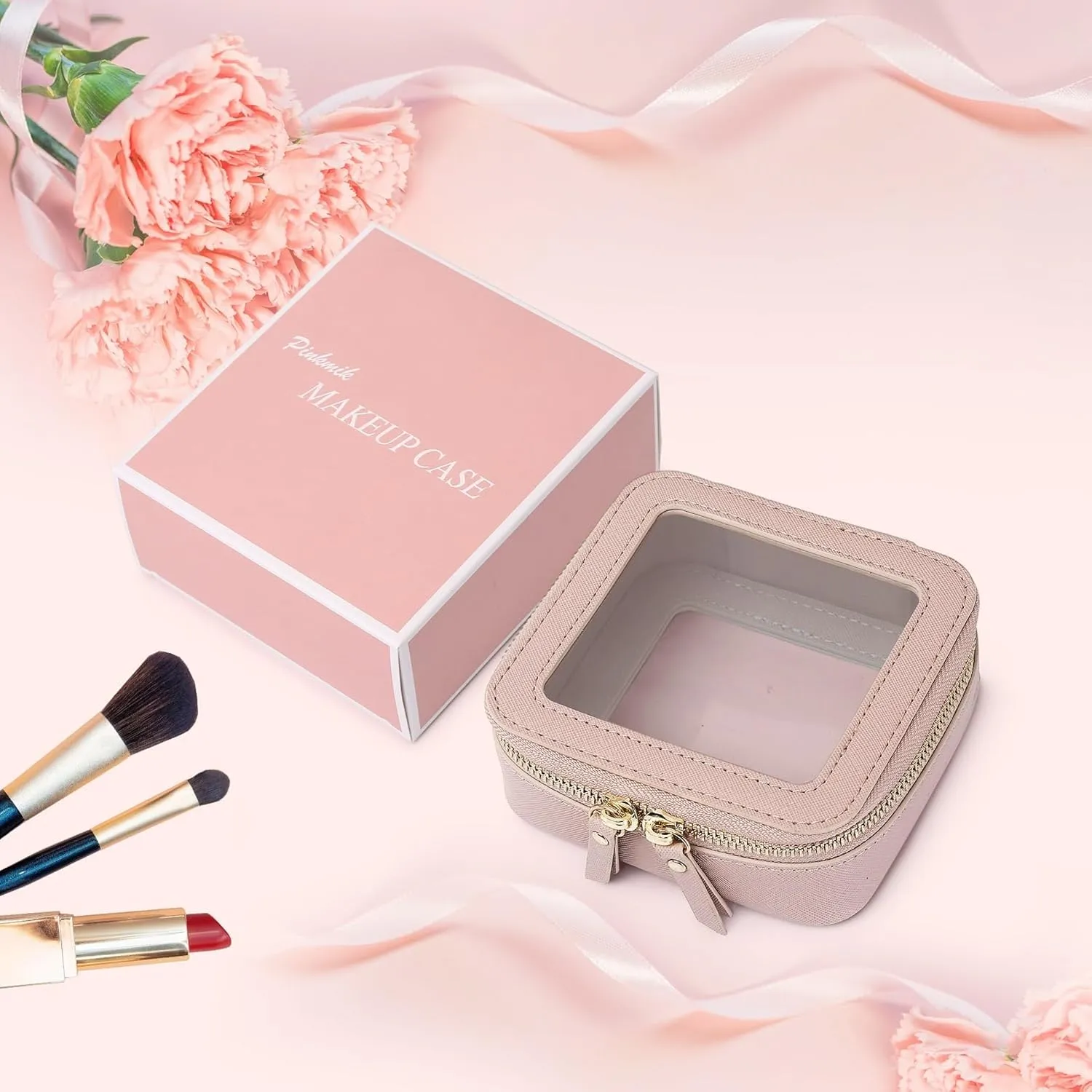 Small Makeup Bag Mini Clear Cosmetic Makeup Case & Toiletry Bag with Zipper Women's Purse Organizer & Car Essentials (Pink, MINI-1)