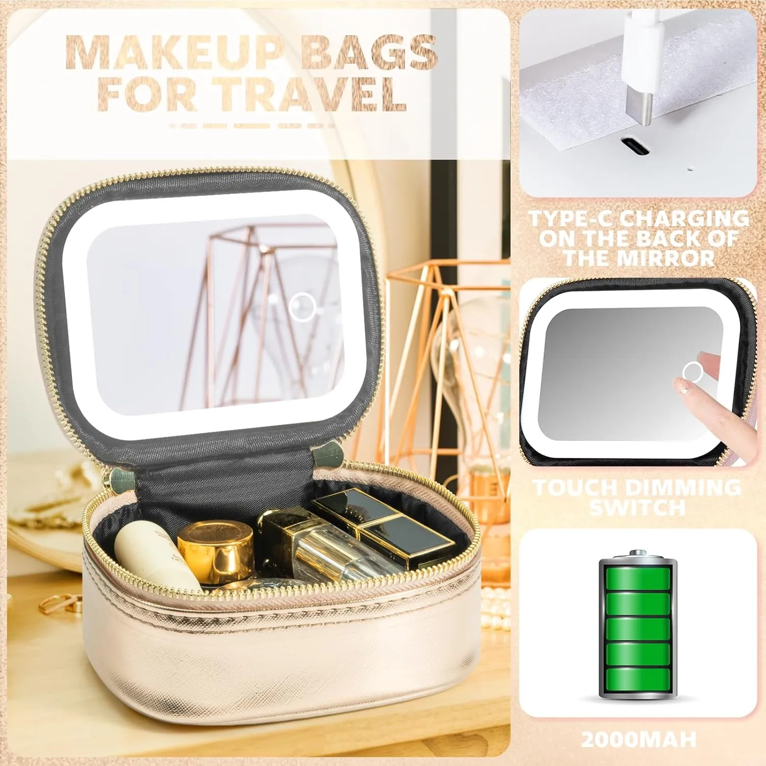 Small Makeup Bag Travel Train Case with Mirror and Light Mini Travel Makeup Train Case Cosmetic Organizer 3 Adjustable Brightness Toiletry Bag Portable Artist Storage