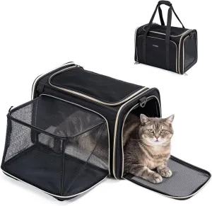 Soft-Sided Cat Carrier Airline Approved - Pet Travel Carrier for Medium Cat Small Puppy Under 11 Lbs, Sturdy Transport Cat Dog Carrier 1 Side Expandable Fabric Pet Home(Black)