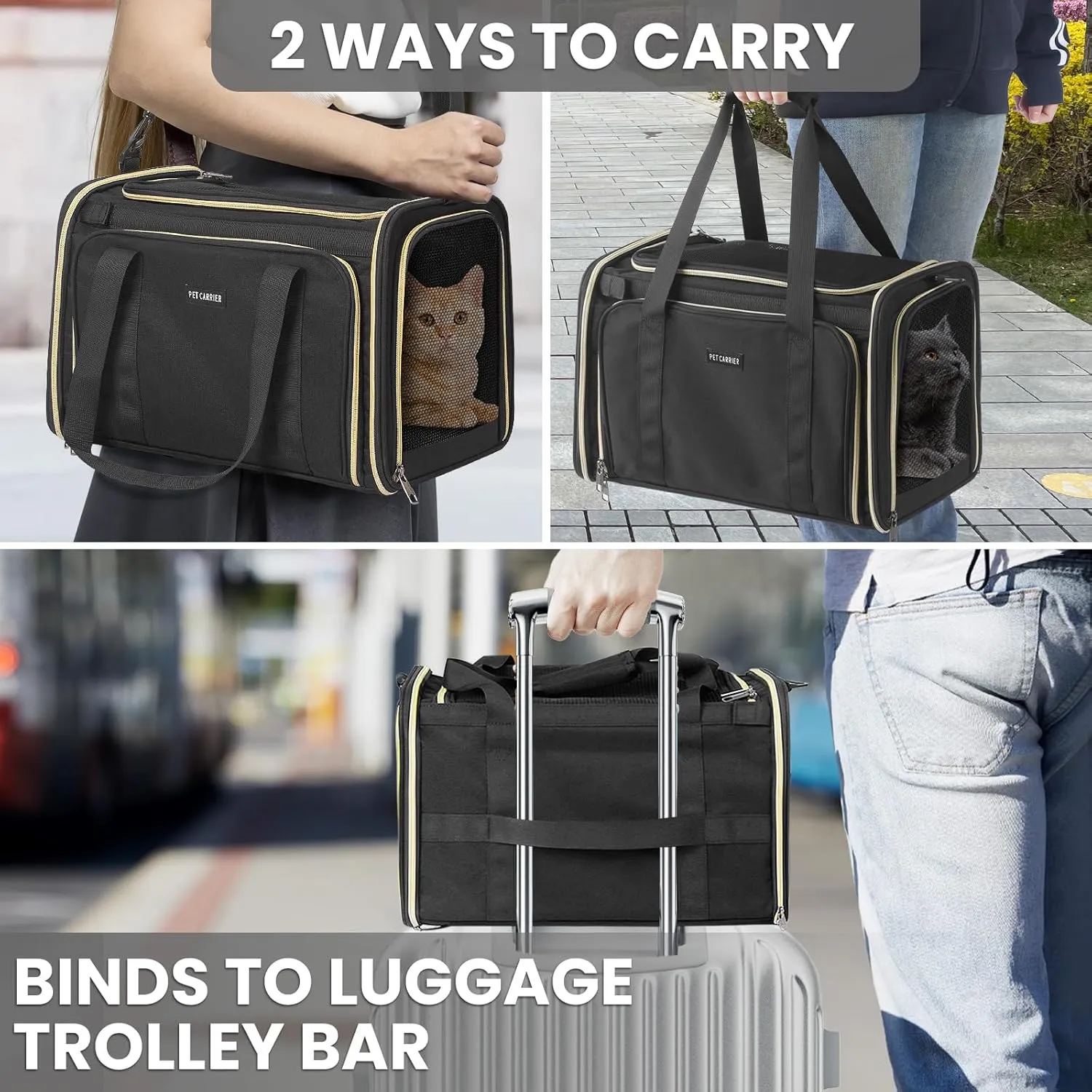 Soft-Sided Cat Carrier Airline Approved - Pet Travel Carrier for Medium Cat Small Puppy Under 11 Lbs, Sturdy Transport Cat Dog Carrier 1 Side Expandable Fabric Pet Home(Black)