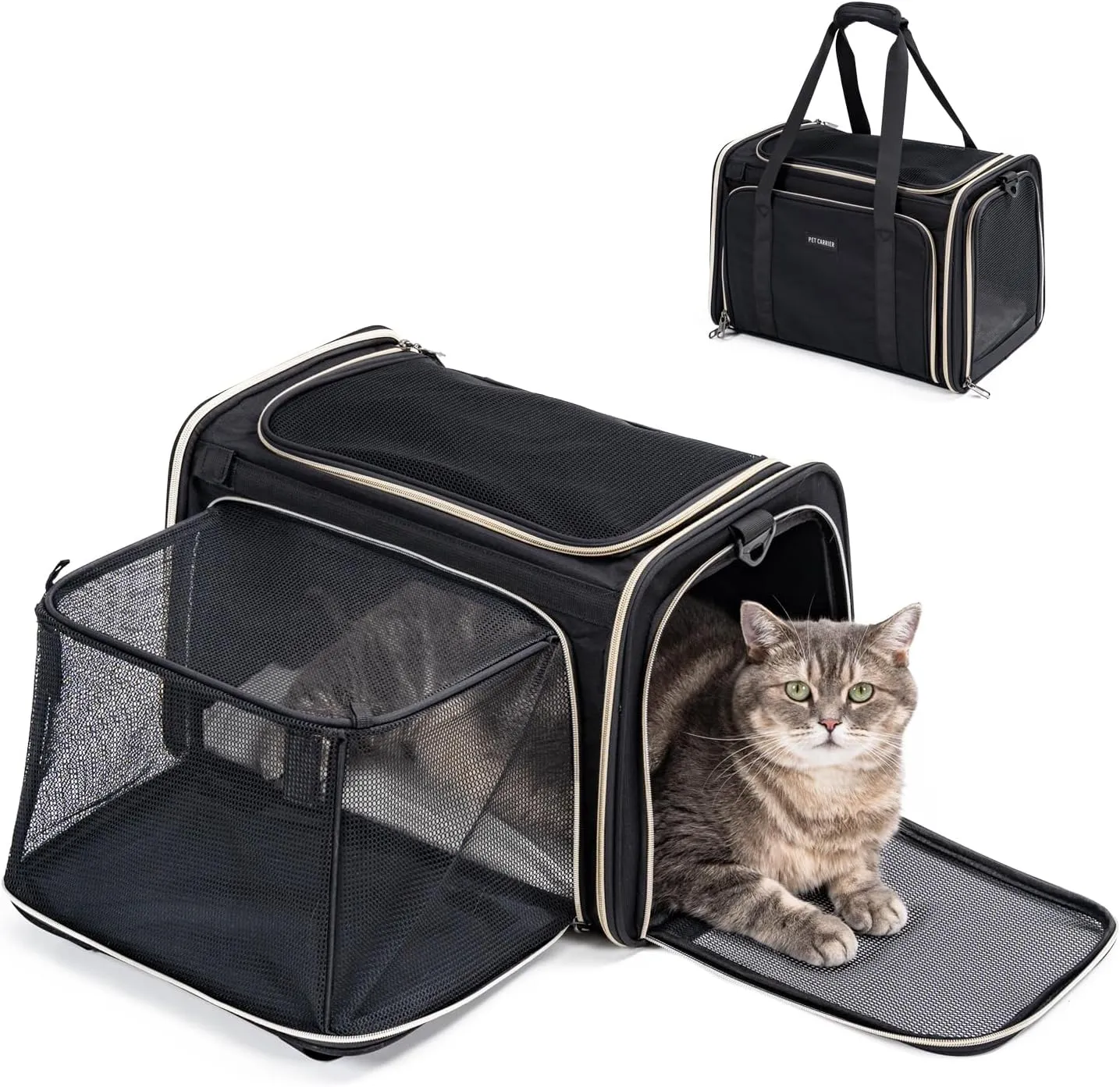 Soft-Sided Cat Carrier Airline Approved - Pet Travel Carrier for Medium Cat Small Puppy Under 11 Lbs, Sturdy Transport Cat Dog Carrier 1 Side Expandable Fabric Pet Home(Black)