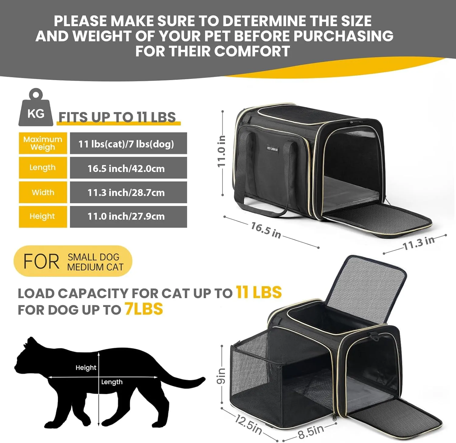 Soft-Sided Cat Carrier Airline Approved - Pet Travel Carrier for Medium Cat Small Puppy Under 11 Lbs, Sturdy Transport Cat Dog Carrier 1 Side Expandable Fabric Pet Home(Black)