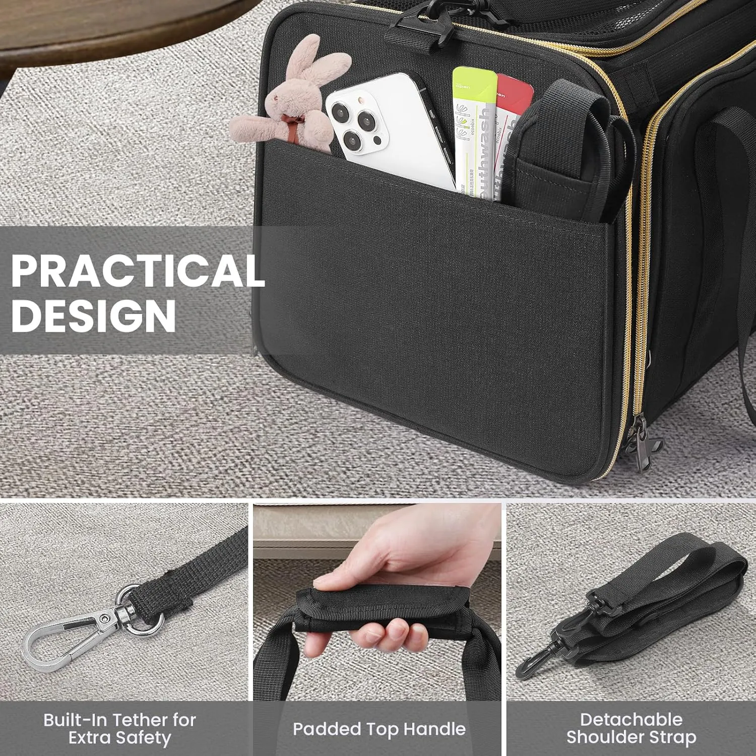 Soft-Sided Cat Carrier Airline Approved - Pet Travel Carrier for Medium Cat Small Puppy Under 11 Lbs, Sturdy Transport Cat Dog Carrier 1 Side Expandable Fabric Pet Home(Black)