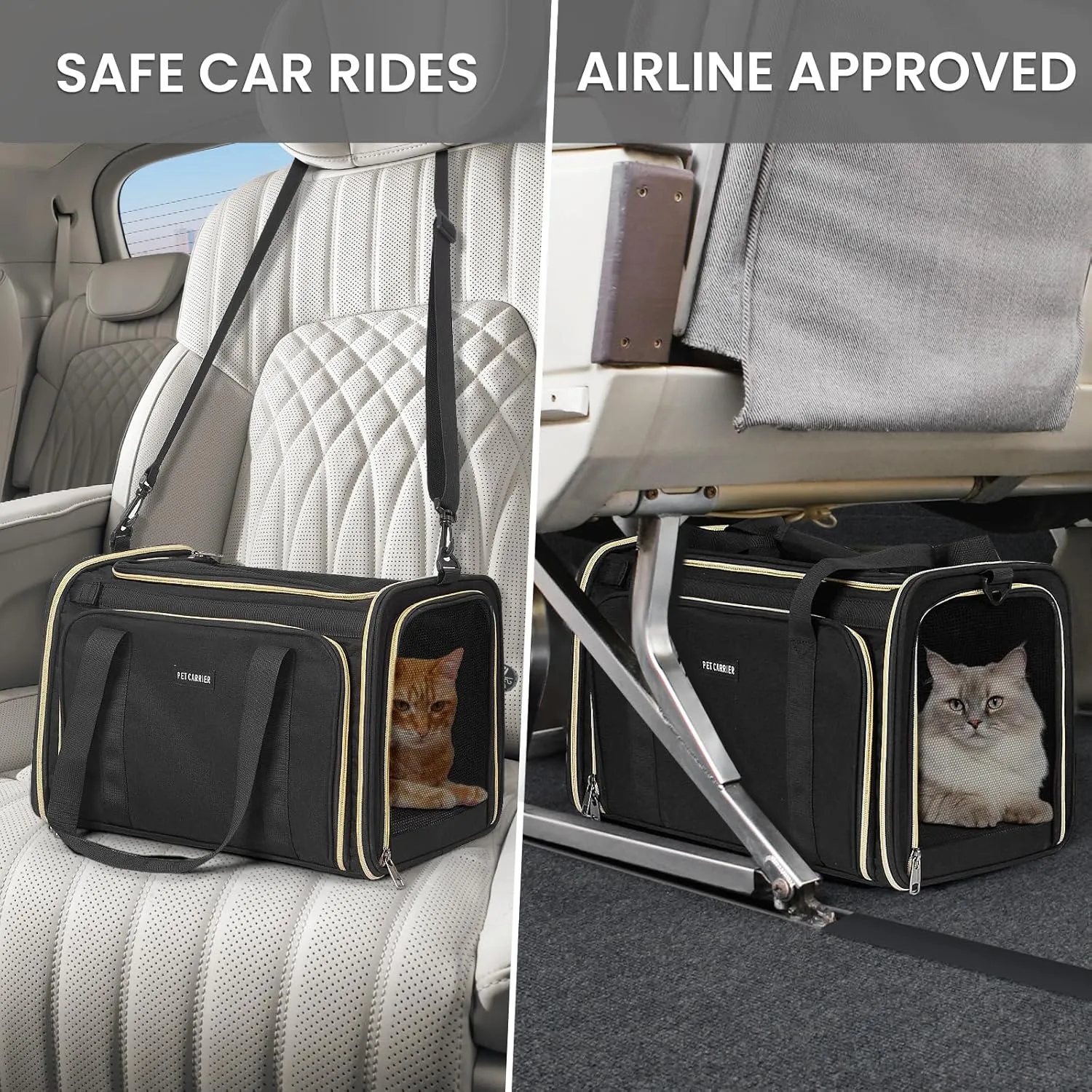 Soft-Sided Cat Carrier Airline Approved - Pet Travel Carrier for Medium Cat Small Puppy Under 11 Lbs, Sturdy Transport Cat Dog Carrier 1 Side Expandable Fabric Pet Home(Black)