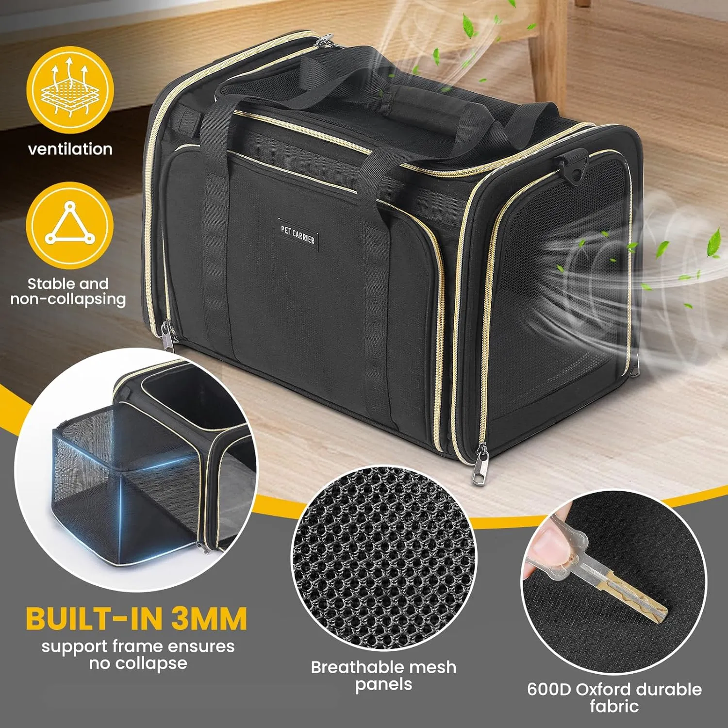 Soft-Sided Cat Carrier Airline Approved - Pet Travel Carrier for Medium Cat Small Puppy Under 11 Lbs, Sturdy Transport Cat Dog Carrier 1 Side Expandable Fabric Pet Home(Black)