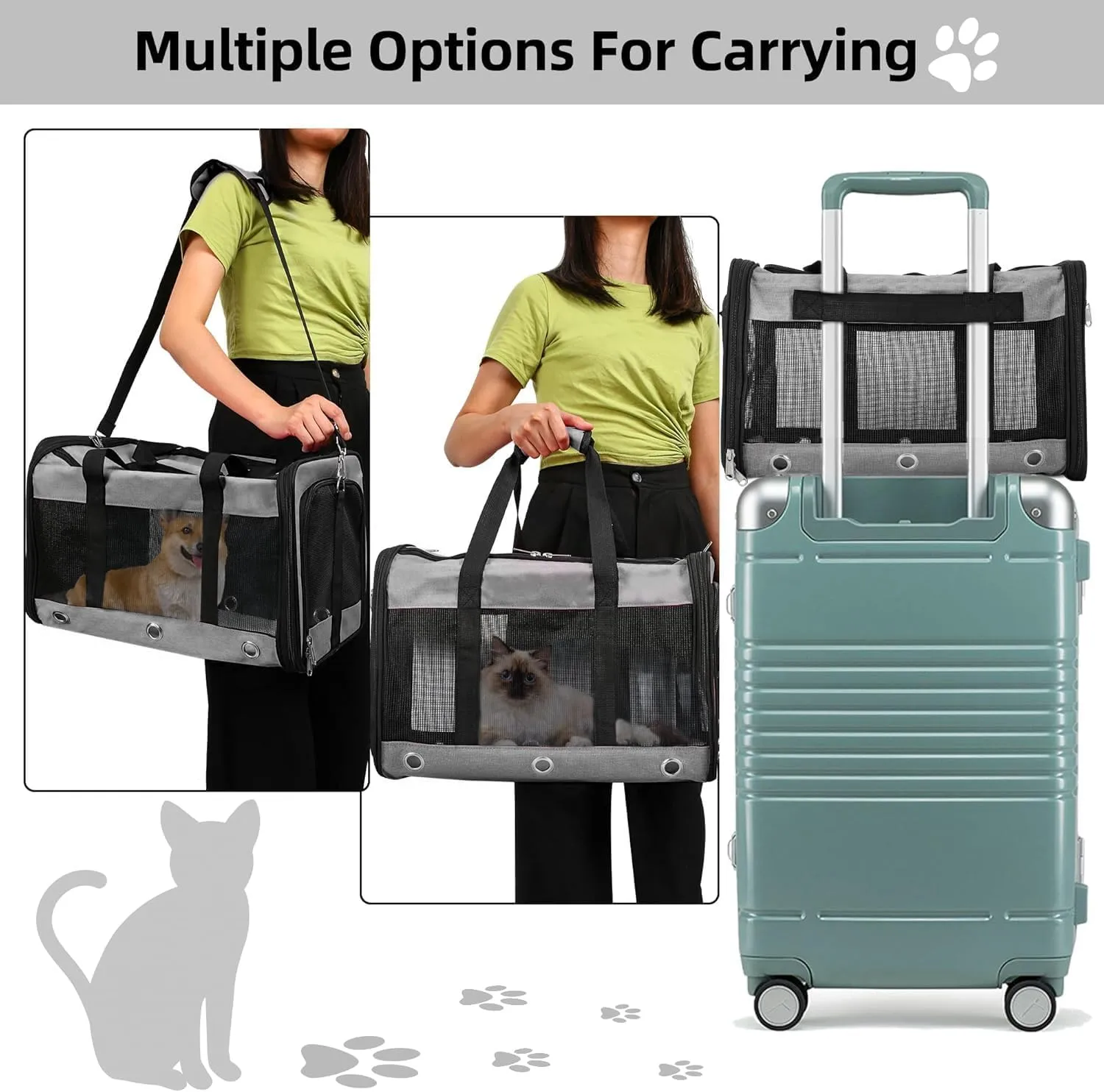 Soft Sided Cat/Dog Carrier，Collapsible Mesh Pets Travel Carriers for Pet/Puppy with Shoulder Strap & Removable Mat，Top Load Small Dogs/Cats Carry Bag Up to 25 Lbs（Grey - L）