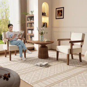 Solid Wood Side Chairs with upholstered Set of 2 Beige Mid Century Modern Arm Chair, Single Sofa Side Chair Living Room Chairs, Corner Lounge Wooden Chairs with arms for Home Office
