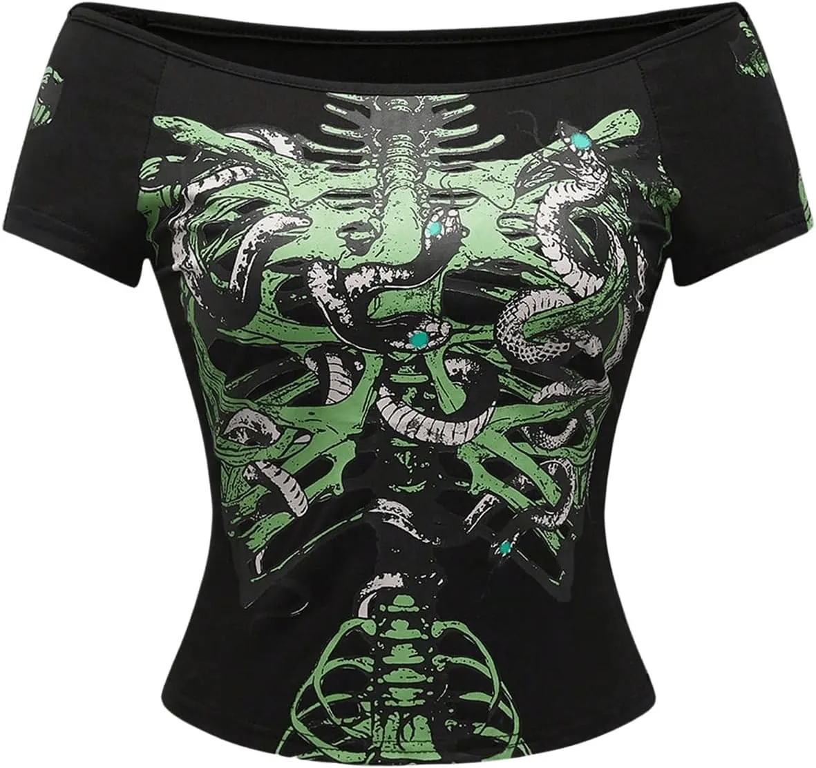 SOLY HUX Women's Goth T Shirts Off Shoulder Short Sleeve Graphic Tees Y2k Tight Fitted Crop Tops