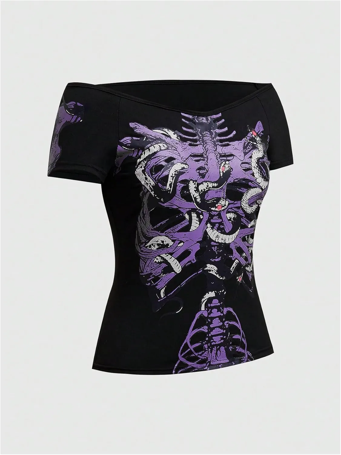 SOLY HUX Women's Goth T Shirts Off Shoulder Short Sleeve Graphic Tees Y2k Tight Fitted Crop Tops