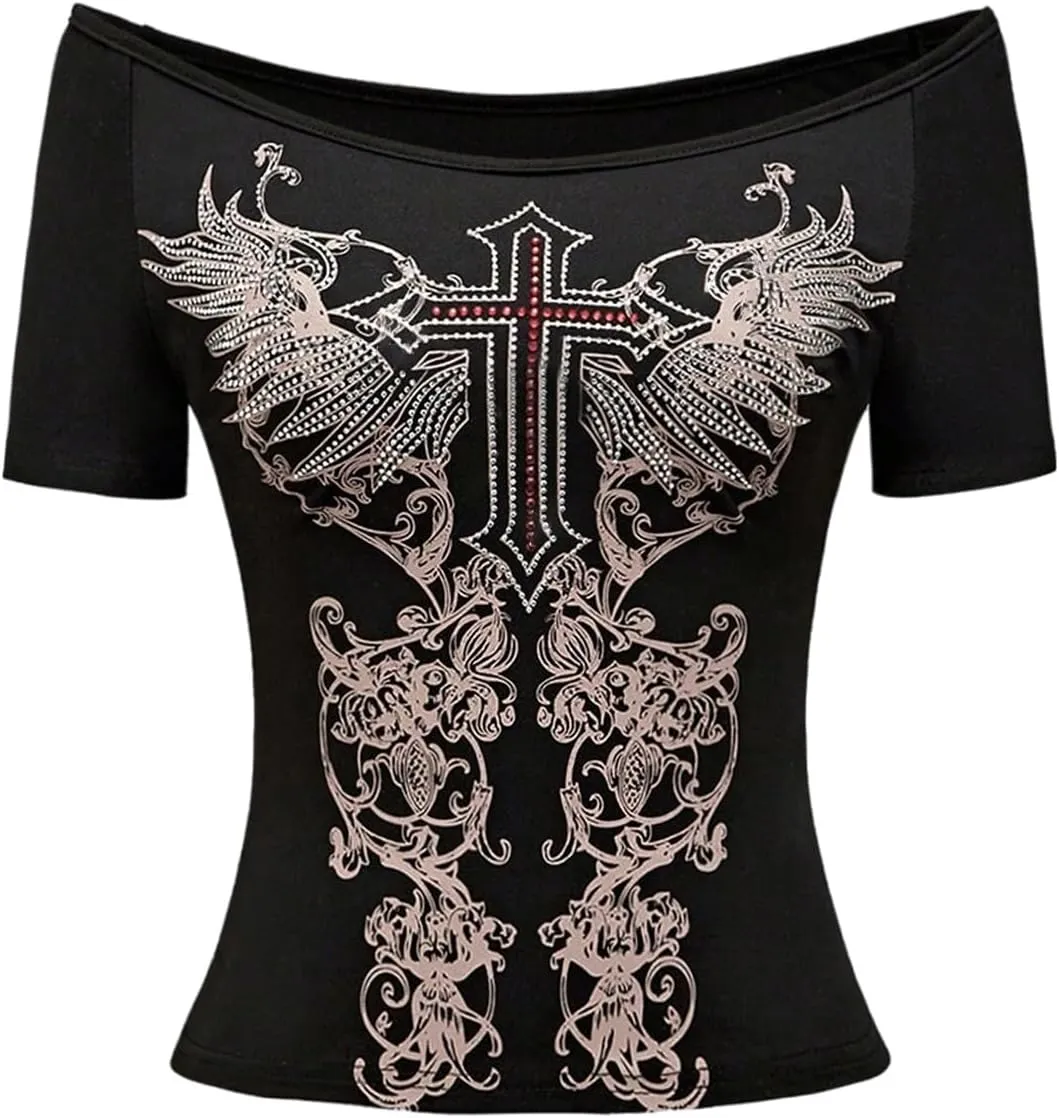 SOLY HUX Women's Goth T Shirts Off Shoulder Short Sleeve Graphic Tees Y2k Tight Fitted Crop Tops