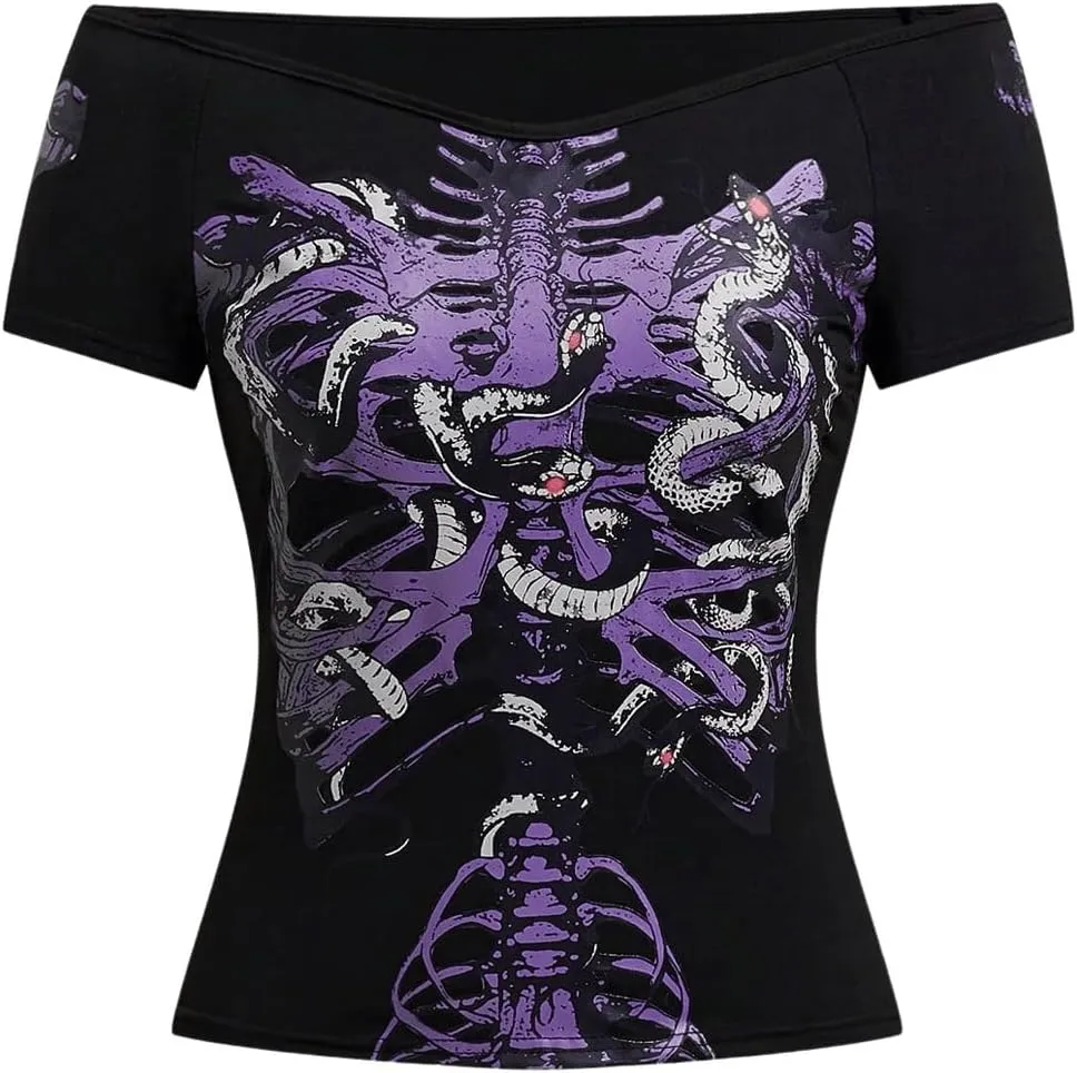 SOLY HUX Women's Goth T Shirts Off Shoulder Short Sleeve Graphic Tees Y2k Tight Fitted Crop Tops
