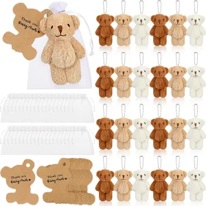 Sotiff 24 Sets Mini Bear 2.36 Inch Stuffed Plush Bear Keychain Tiny Bear with Thank You Tag and White Organza Bag for Boy Girl DIY Keychain Baby Shower Birthday Party