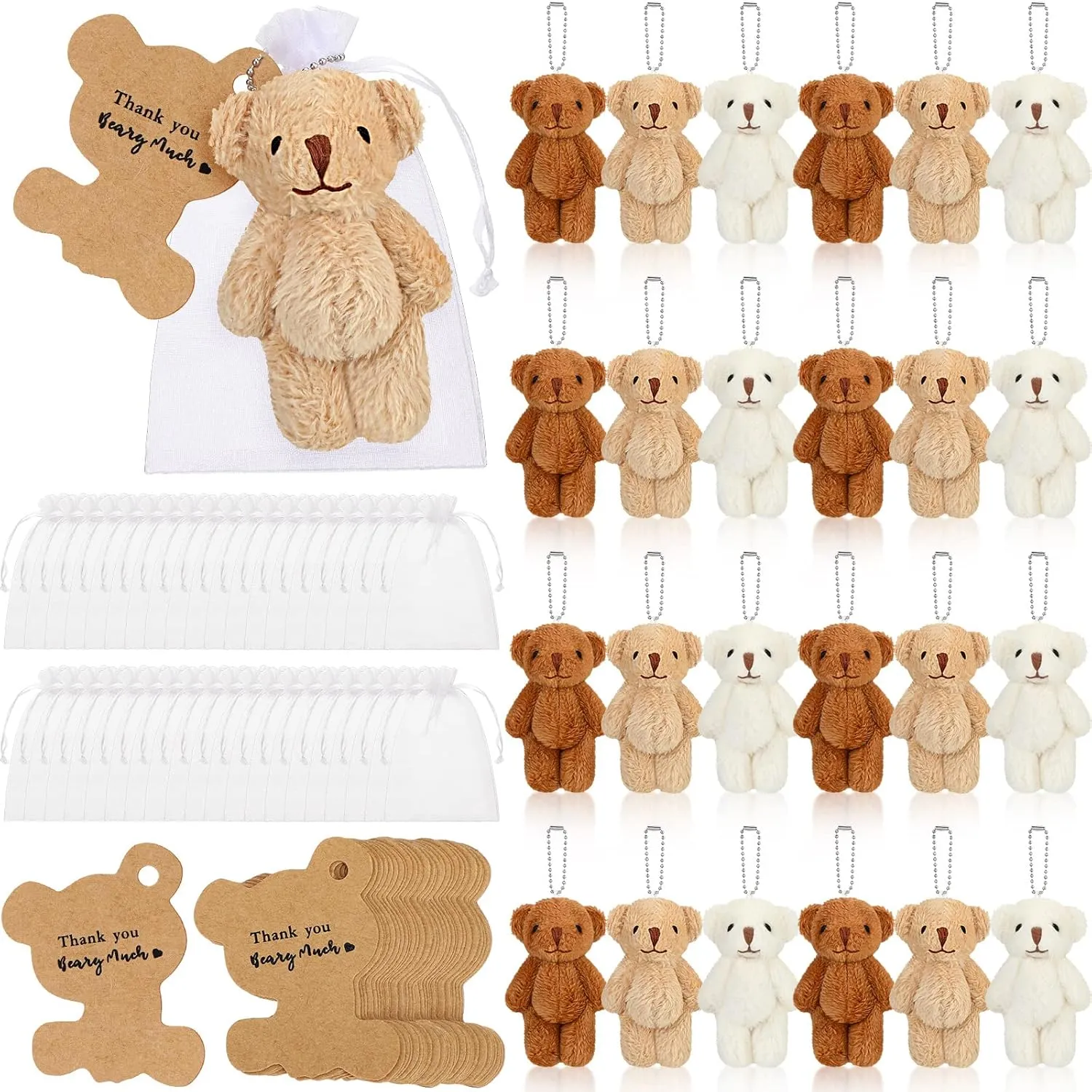 Sotiff 24 Sets Mini Bear 2.36 Inch Stuffed Plush Bear Keychain Tiny Bear with Thank You Tag and White Organza Bag for Boy Girl DIY Keychain Baby Shower Birthday Party