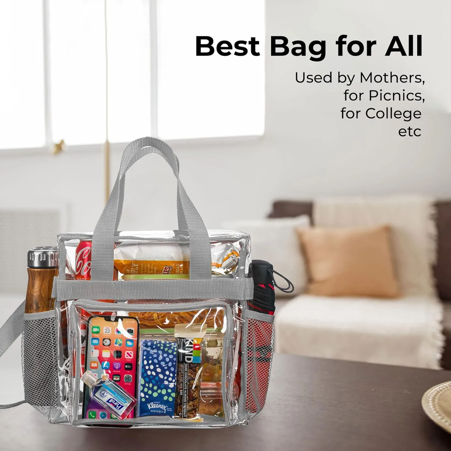 SP HOME GOODS Stadium Approved Clear lunch Bag (Grey) with Adjustable Strap, Front Storage Compartment, and Mesh Pockets…