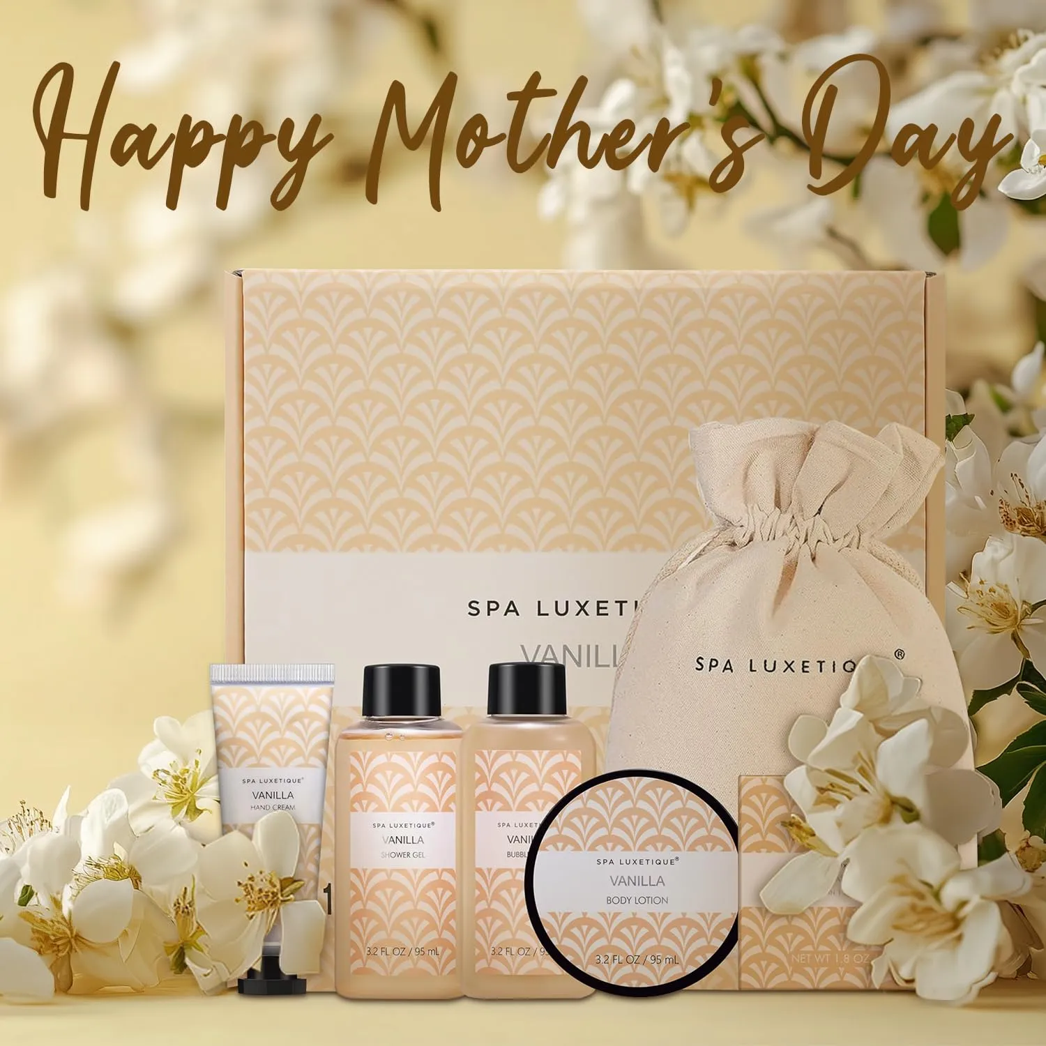 Spa Luxetique Spa Gifts for Women 6pc Vanilla Bath Sets Women Gift With Body Lotion, Shower Gel, Bubble Bath, Hand Cream, Bath and Body Gifts Set, Mothers Day Gifts