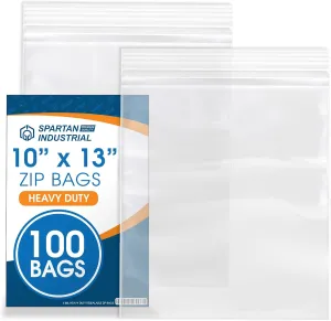 Spartan Industrial - 10” X 13” (100 Count) 4 Mil Thick Clear Reclosable Zip Plastic Poly Bags with Resealable Lock Seal Zipper - Heavy Duty and Durable