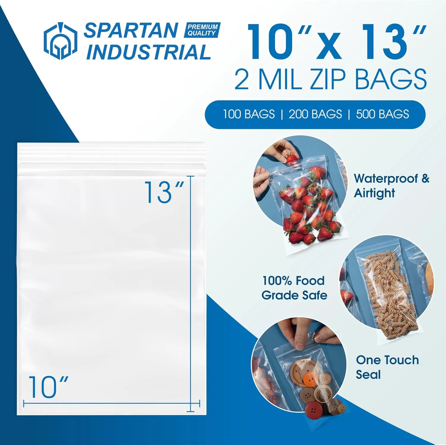 Spartan Industrial - 10" X 13" (100 Count) Quart Clear Reclosable Zip Plastic Poly Bags with Resealable Lock Seal Zipper - 2 Mil