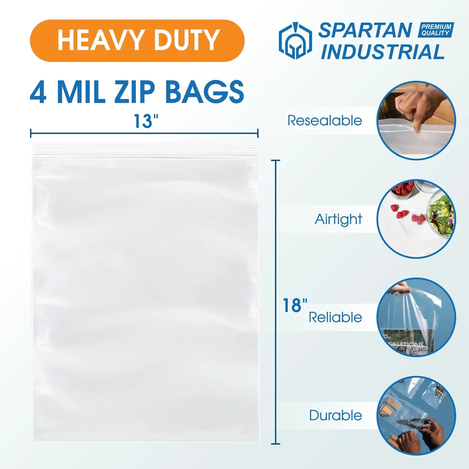 Spartan Industrial - 13” X 18” (100 Count) 4 Mil Thick Clear Reclosable Zip Plastic Poly Bags with Resealable Lock Seal Zipper - Heavy Duty and Durable