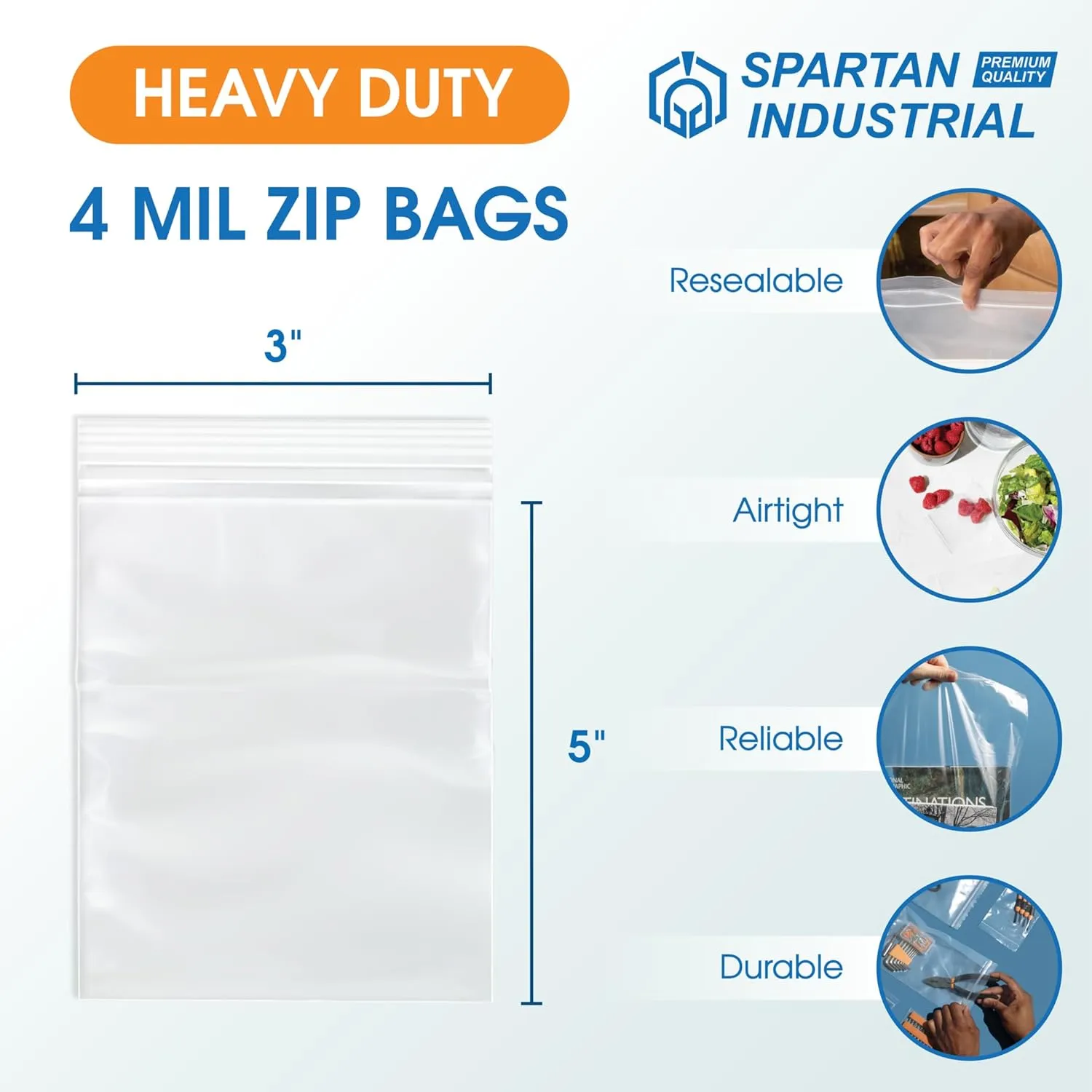 Spartan Industrial - 200 Count - 3” X 5” (4 Mil Heavy Duty) Thick Clear Plastic Reclosable Zip Poly Bags with Resealable Lock Seal Zipper - Durable