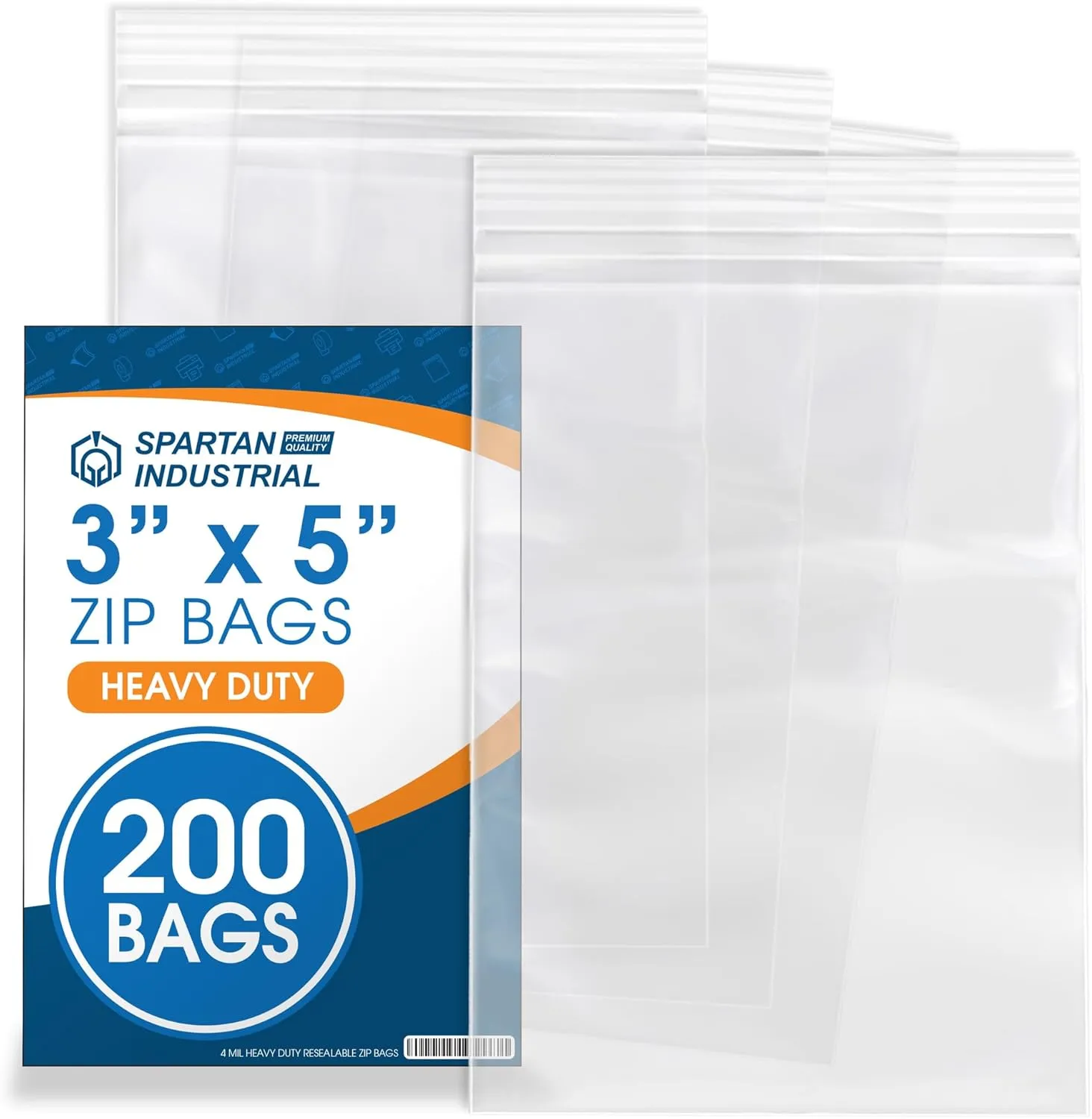 Spartan Industrial - 200 Count - 3” X 5” (4 Mil Heavy Duty) Thick Clear Plastic Reclosable Zip Poly Bags with Resealable Lock Seal Zipper - Durable