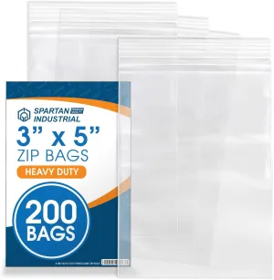 Spartan Industrial - 200 Count - 3” X 5” (4 Mil Heavy Duty) Thick Clear Plastic Reclosable Zip Poly Bags with Resealable Lock Seal Zipper - Durable