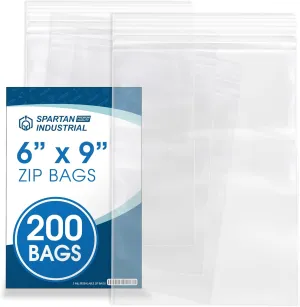 Spartan Industrial - 6” X 9” (200 Count) Quart Clear Reclosable Zip Plastic Poly Bags with Resealable Lock Seal Zipper - 2 Mil