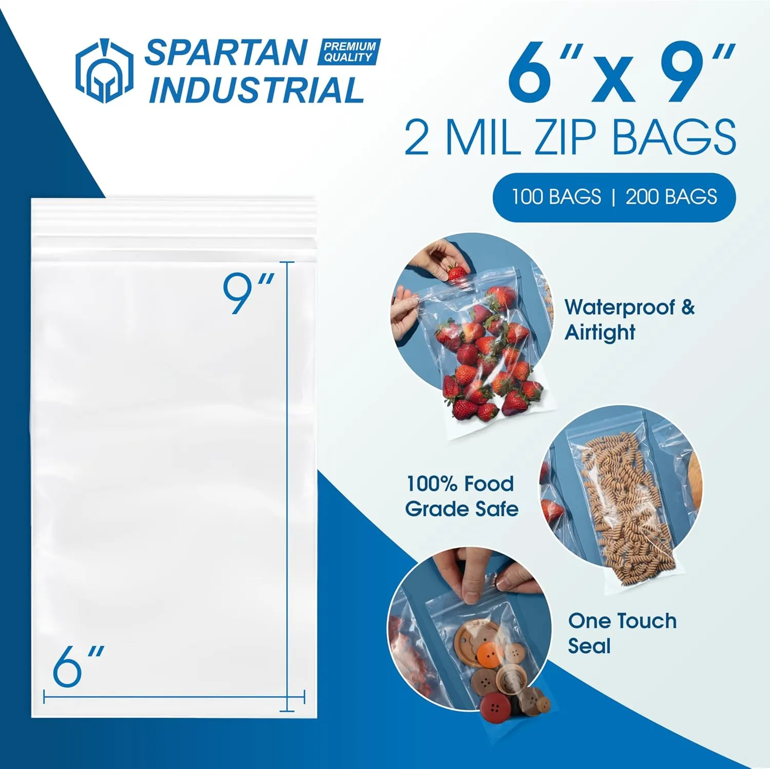 Spartan Industrial - 6” X 9” (200 Count) Quart Clear Reclosable Zip Plastic Poly Bags with Resealable Lock Seal Zipper - 2 Mil
