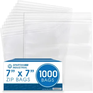 Spartan Industrial - 7” X 7” (1000 Count) 2 Mil Clear Reclosable Zip Plastic Poly Bags with Resealable Lock Seal Zipper