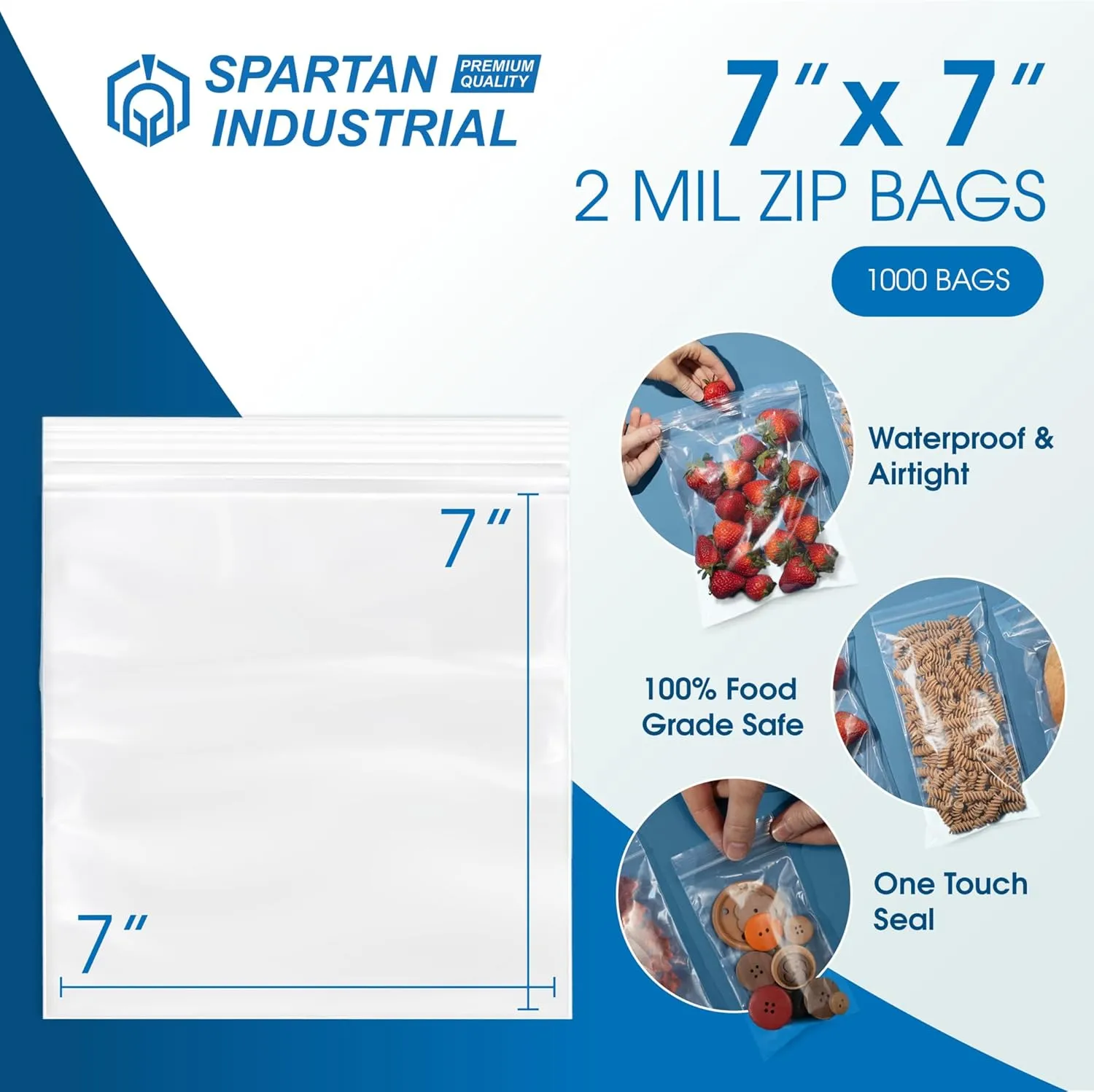 Spartan Industrial - 7” X 7” (1000 Count) 2 Mil Clear Reclosable Zip Plastic Poly Bags with Resealable Lock Seal Zipper