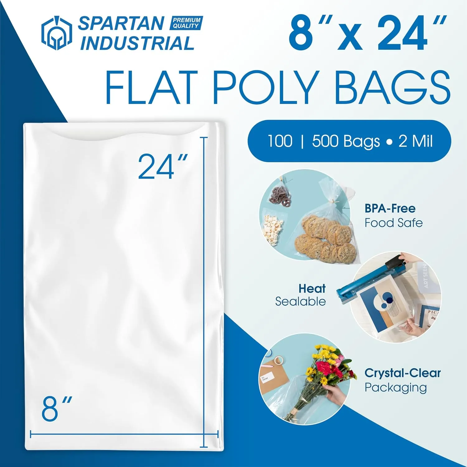 Spartan Industrial - 8” X 24” (500 Count) 2 Mil Heavy Duty Flat Open End Clear Plastic Poly Bags - For Packaging Vases, Tools, Posters (Bags DO NOT Have Seal & DO NOT Have Prints)