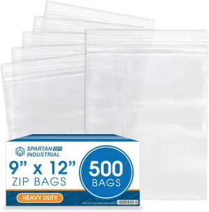 Spartan Industrial - 9” X 12” (500 Count) 4 Mil Thick Clear Reclosable Zip Plastic Poly Bags with Resealable Lock Seal Zipper - Heavy Duty and Durable