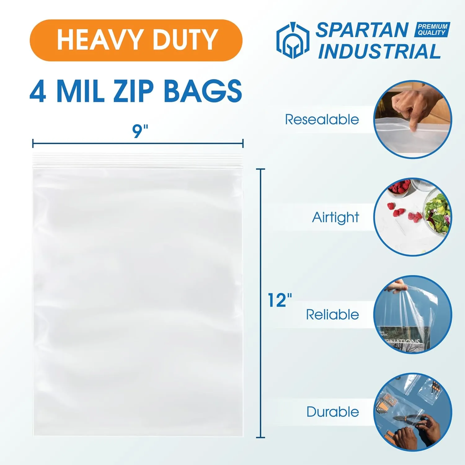 Spartan Industrial - 9” X 12” (500 Count) 4 Mil Thick Clear Reclosable Zip Plastic Poly Bags with Resealable Lock Seal Zipper - Heavy Duty and Durable