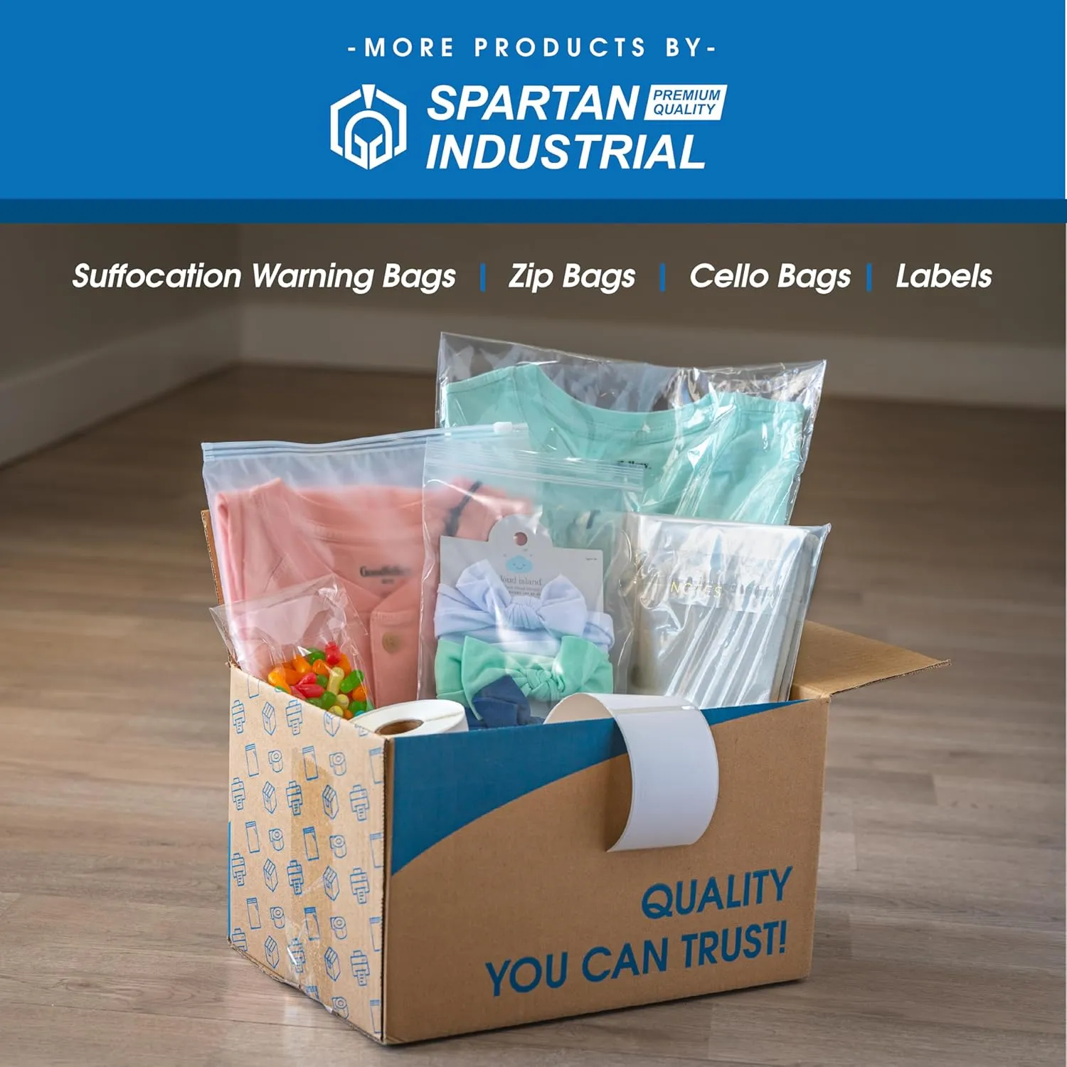 Spartan Industrial - 9" X 12" (100 Count) Self Seal Clear Poly Bags with Suffocation Warning for Packaging, T Shirts - Permanent Adhesive