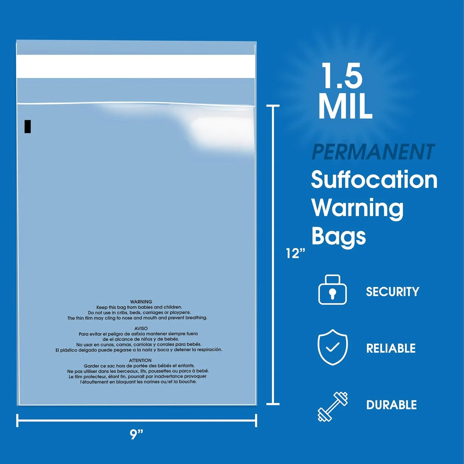 Spartan Industrial - 9" X 12" (100 Count) Self Seal Clear Poly Bags with Suffocation Warning for Packaging, T Shirts - Permanent Adhesive