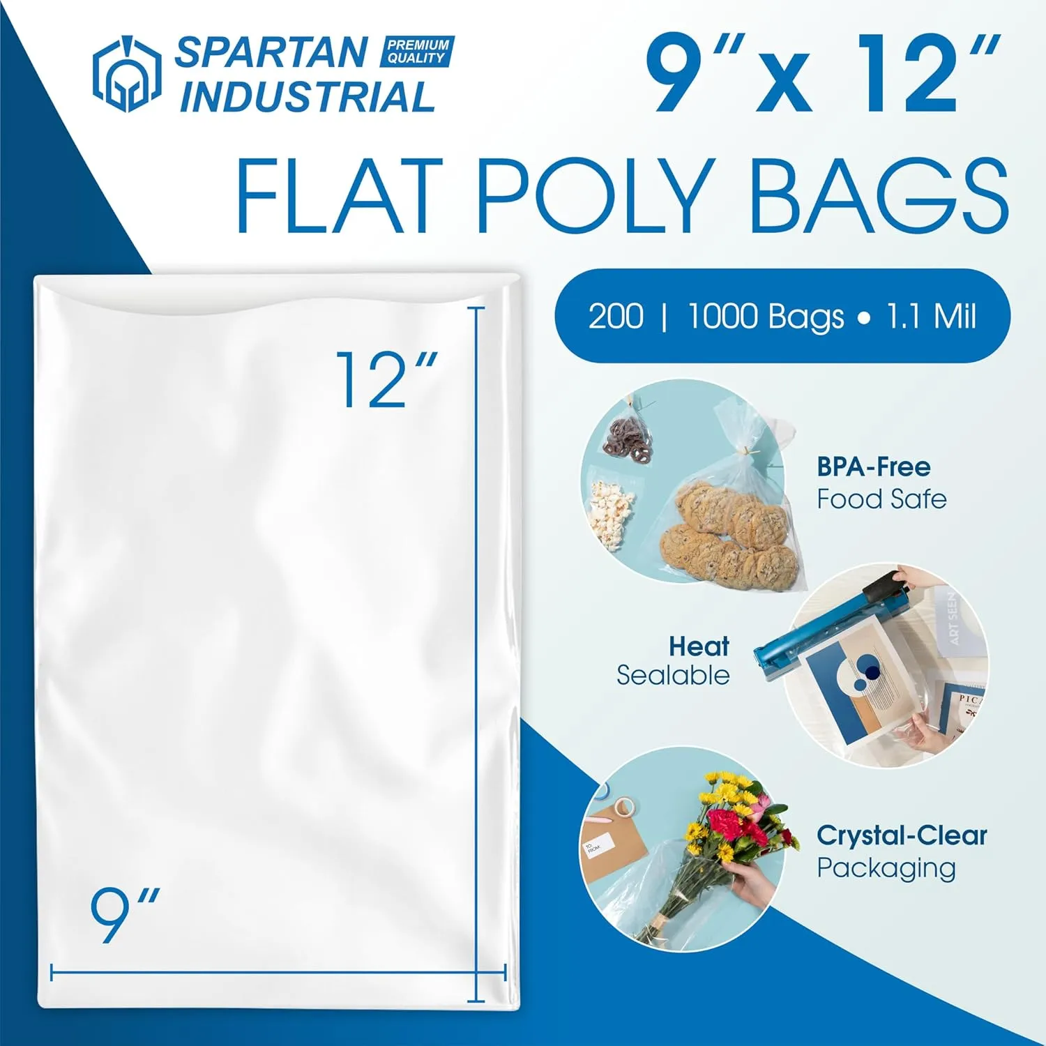Spartan Industrial - 9" X 12" Open-End Flat Poly Bags (200 Count) 1.1 Mil Clear for Clothing, Art, Journal Packaging (No Seal or Prints)