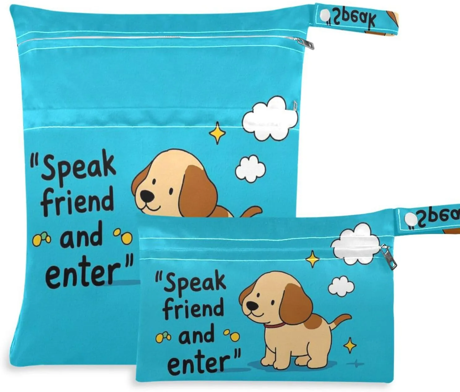 Speak Friend and Enter Cartoon Cute Funny Brown Dog zippered wet dry bags 2 Pack travel essentials for babies with handles for yoga, yoga
