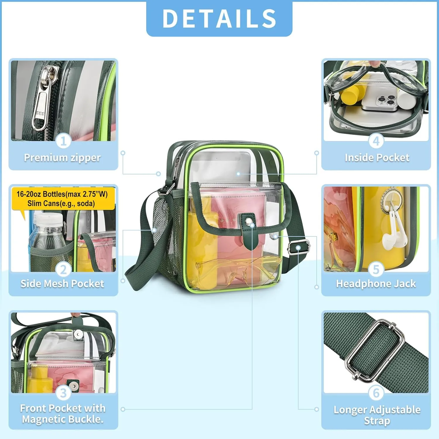SPODEARS Clear Crossbody Bag for Stadium Events & Concerts - Adjustable Shoulder Strap Purse with 1 Bottle Holder