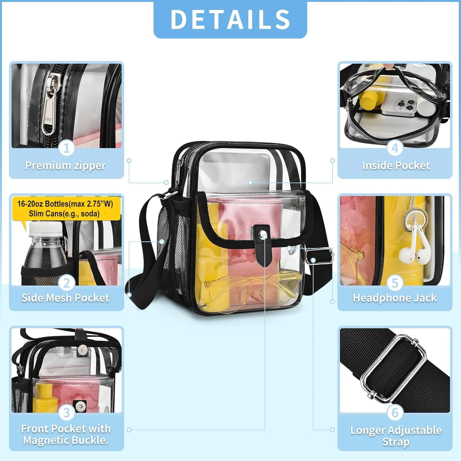 SPODEARS Clear Crossbody Bag for Stadium Events & Concerts - Adjustable Shoulder Strap Purse with 1 Bottle Holder