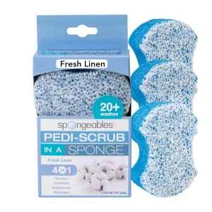 Spongeables Pedi-Scrub Foot Buffer, The Soap is in the Sponge, Contains Tea Tree Oil, Foot Exfoliating Sponge with Heel Buffer and Pedicure Oil, 20  Washes, Fresh Linen Scent, 2 oz Sponge, Pack of 3