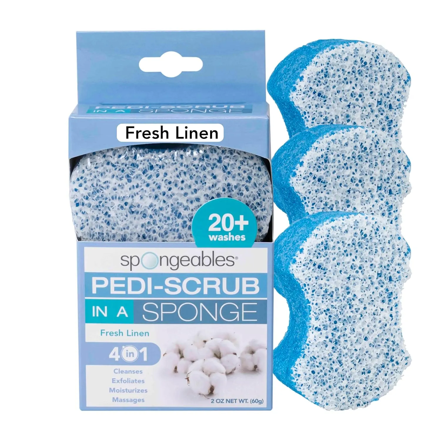 Spongeables Pedi-Scrub Foot Buffer, The Soap is in the Sponge, Contains Tea Tree Oil, Foot Exfoliating Sponge with Heel Buffer and Pedicure Oil, 20  Washes, Fresh Linen Scent, 2 oz Sponge, Pack of 3