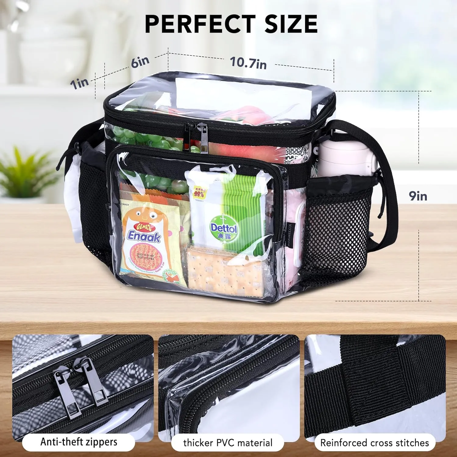 Stadium Approved Clear Lunch Bag - Heavy Duty Medium Transparent Box for Work Correctional Officers Men & Women (black)