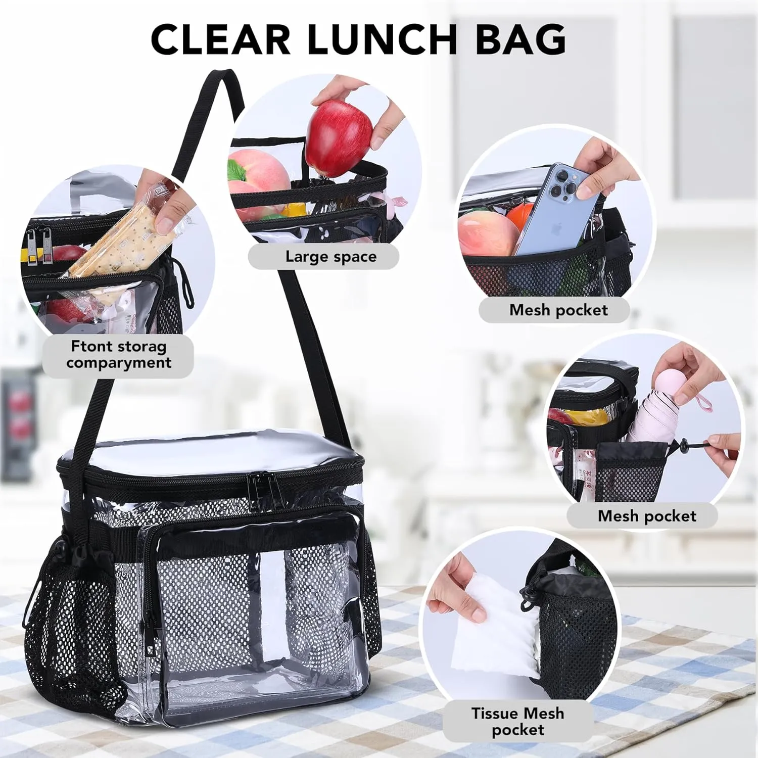 Stadium Approved Clear Lunch Bag - Heavy Duty Medium Transparent Box for Work Correctional Officers Men & Women (black)