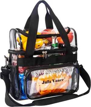 Stadium Approved Double Decker Crossbody Clear Work bag Transparent PVC Lunch Tote Makeup Travel Kit Organizer Bag On Go Clear Lunch Shoulder Bag for Sport Event Concert Correctional Officer