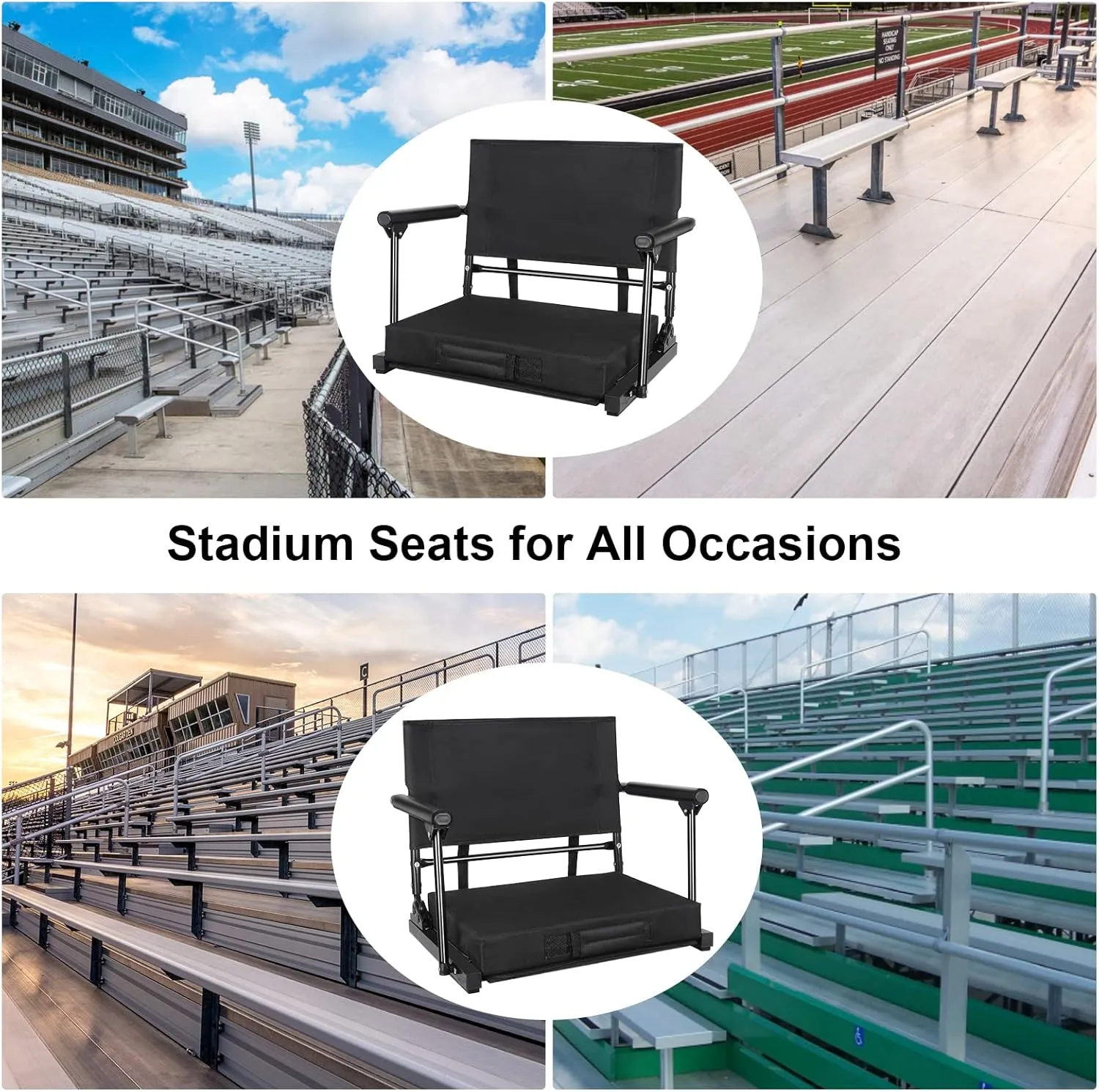 Stadium Seats for Bleachers with Back Support & Armrests, Foldable Stadium Chair with Removable Padded Comfy Foam Cushion, Lightweight Protable Bleacher Seat with Shoulder Strap